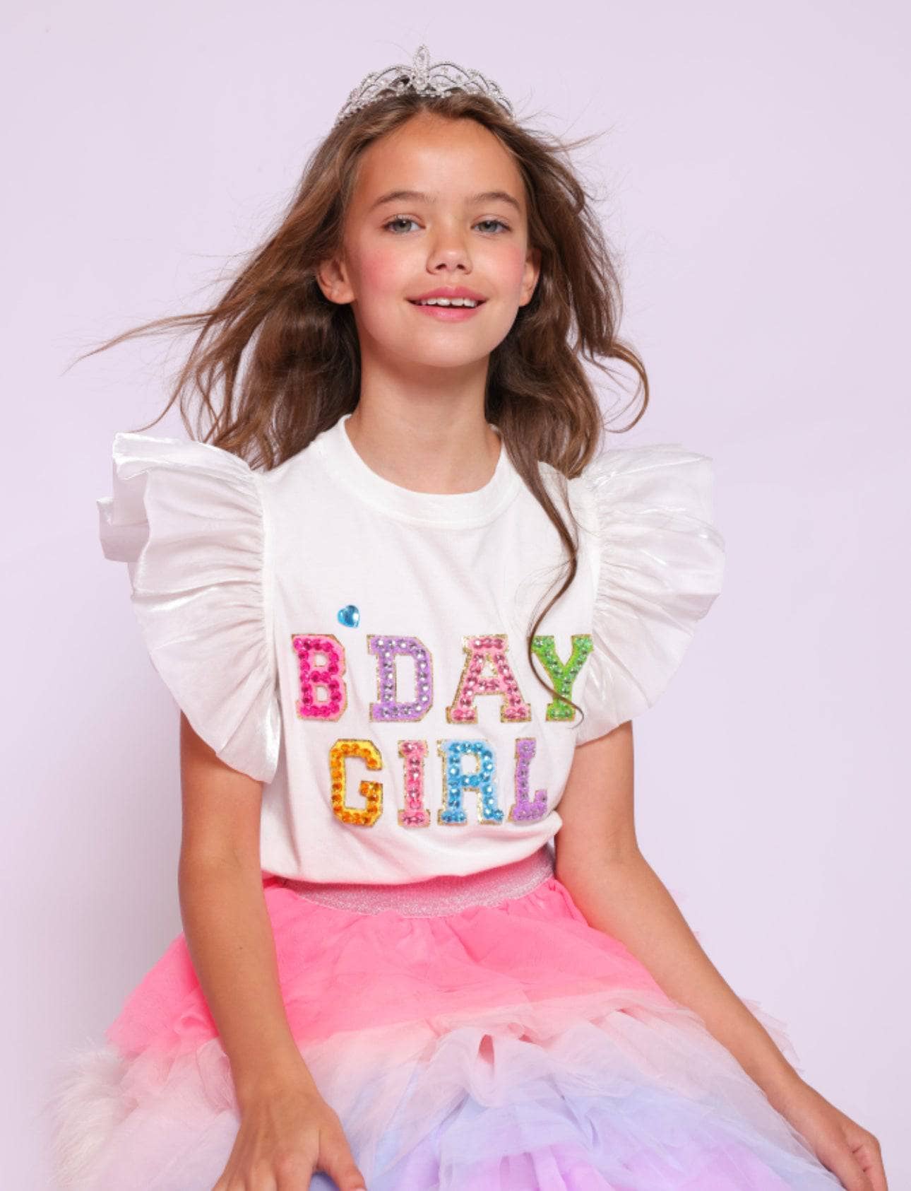 White Birthday Girl Gem Ruffle Sleeve Tee